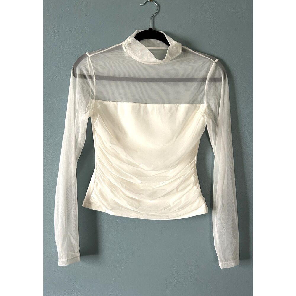 Suuksess sheer white mock neck top blouse ruching on bodice size small